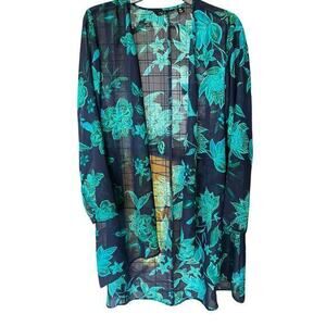IMAN blue jade green tropical sheer shrug cardigan coverup elegant luxury sz